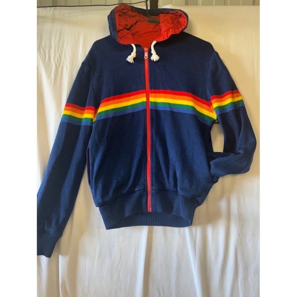 Ocean Pacific Vintage 80s Rainbow Zip Up Hoodie Knit Sweater Mens Retro Jacket